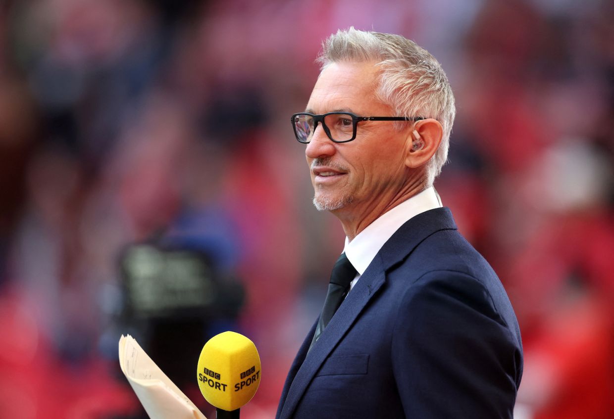 FILE PHOTO: Soccer Football - TV pundit and former England captain Gary Lineker is seen inside the stadium before the FA Cup semi-final between Manchester City and Liverpool - Wembley Stadium, London, Britain - April 16, 2022. Action Images via Reuters/Carl Recine/File Photo