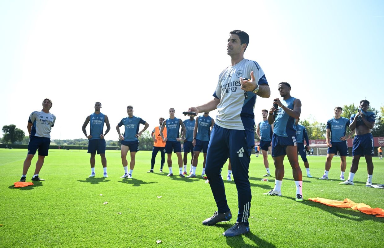 LONDON COLNEY, ENGLAND - AUGUST 15: of Arsenal during a training session at Sobha Realty Training Centre on August 15, 2025 in London Colney, England. (Photo by Stuart MacFarlane/Arsenal FC via Getty Images)